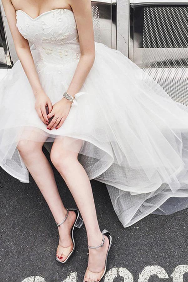High Low Sweet Heart Tulle Beading Wedding Dresses With Court Train (ZD15461)