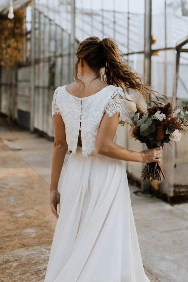 High Low Two Piece Satin Lace Wedding Dress with Sleeves (ZD15784) - View 5 | VelvetHem