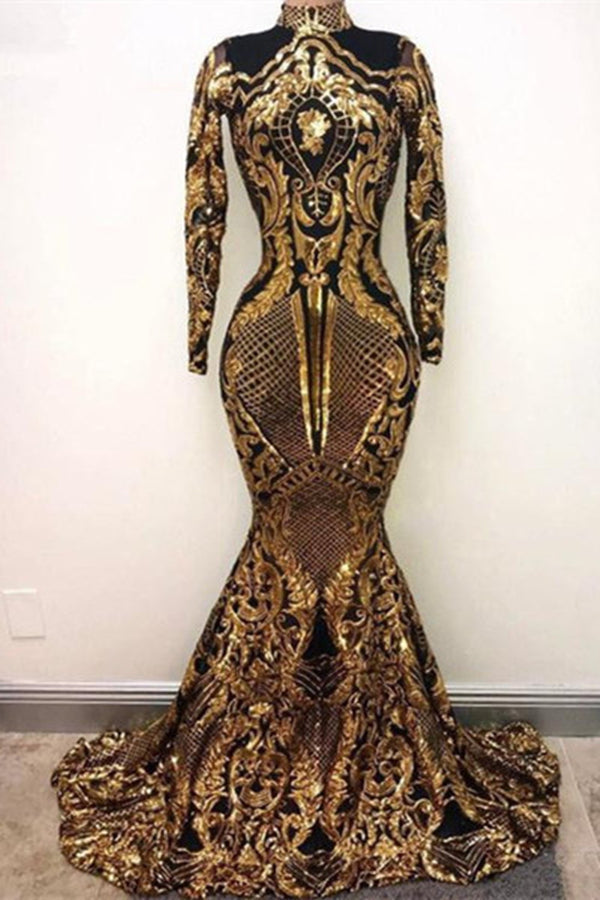 High Neck Golden Appliques Mermaid Long Sleevess Prom Dresses