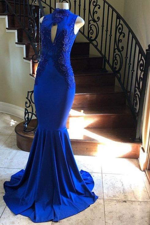 High Neck Keyhole Appliques Sleeveless Mermaid Evening Dresses