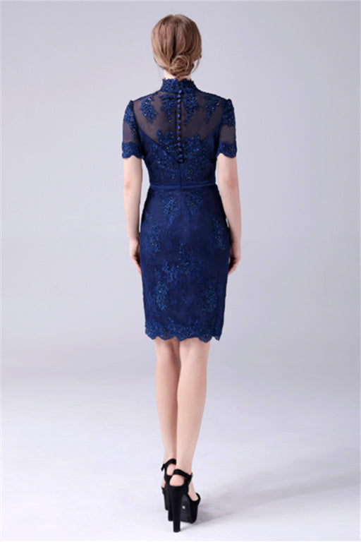 High-neck Lace Knee-length Short sleeves paillette Mermaid mother's dress