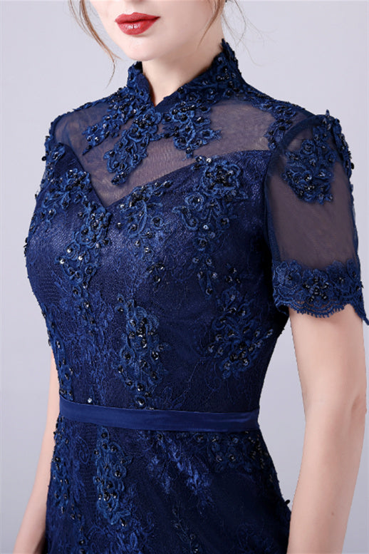 High-neck Lace Knee-length Short sleeves paillette Mermaid mother's dress