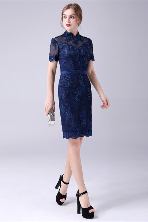 High-neck Lace Knee-length Short sleeves paillette Mermaid mother's dress