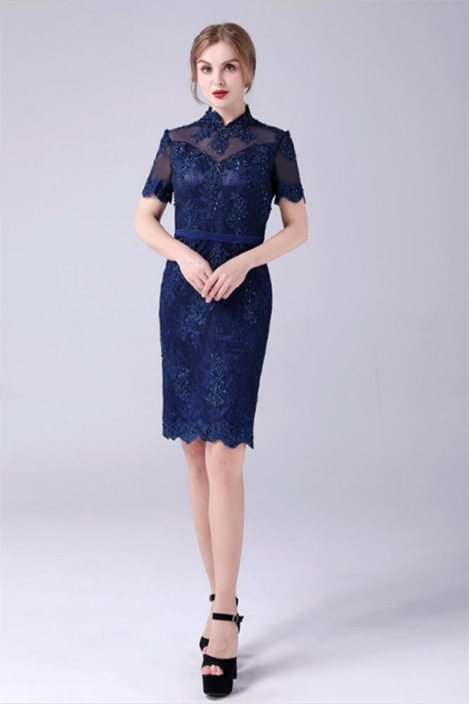 High-neck Lace Knee-length Short sleeves paillette Mermaid mother's dress