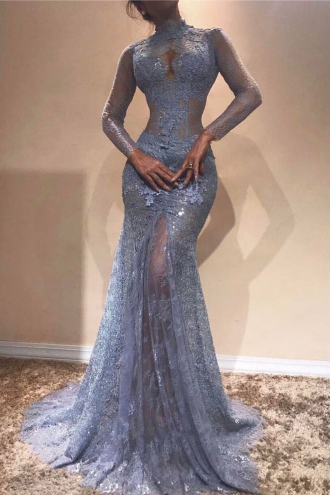 High Neck Long Sleevess Lace Appliques Mermaid Prom Dresses