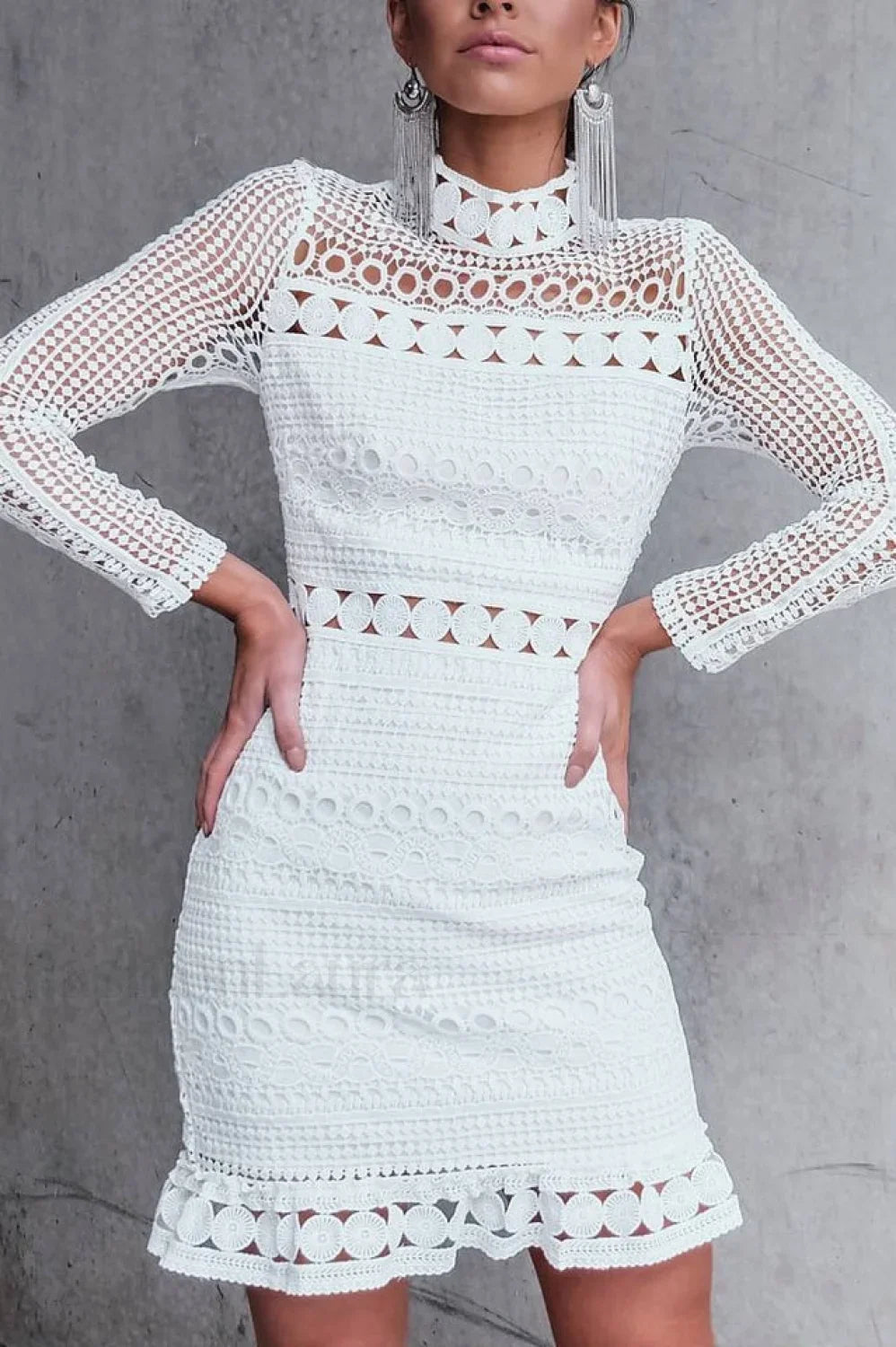 High Neck Short Charming Tight White Lace Dress