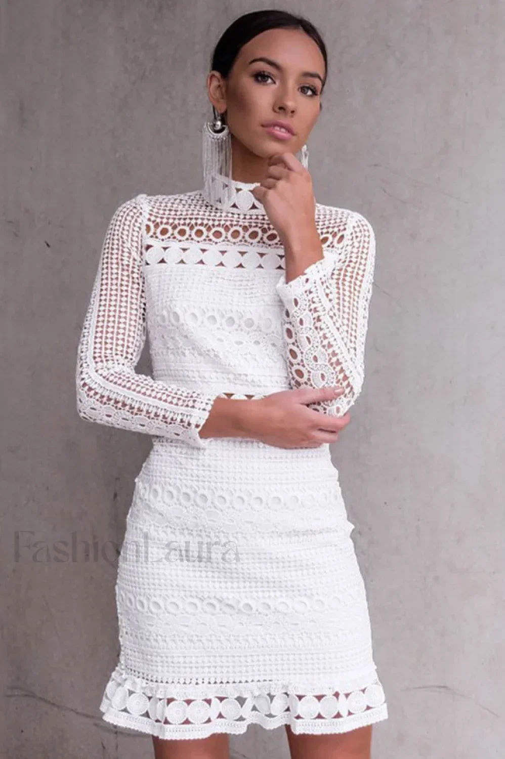 High Neck Short Charming Tight White Lace Dress S / White
