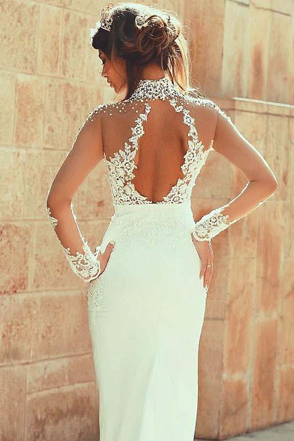 High Neckline Sheath Wedding Dresses With Beaded Lace Appliques (ZD16377)