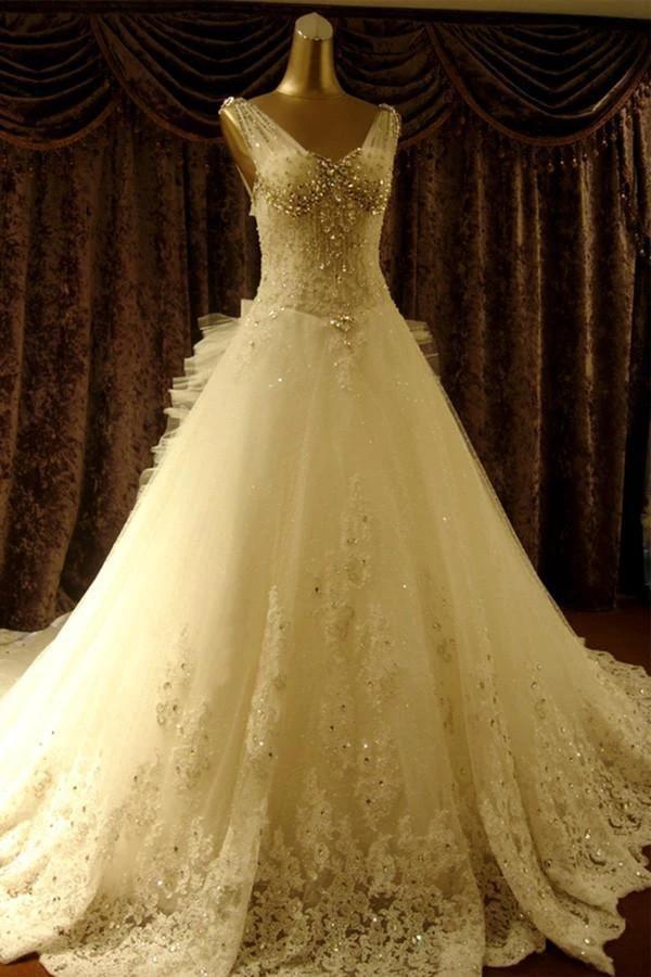 High Quality Floor-length V-neck Beading Chapel Train Wedding Dresses (ZD15459)