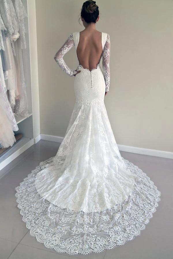 High Quality Scoop Open Back Mermaid Wedding Dress with Long Sleeves (ZD16315)
