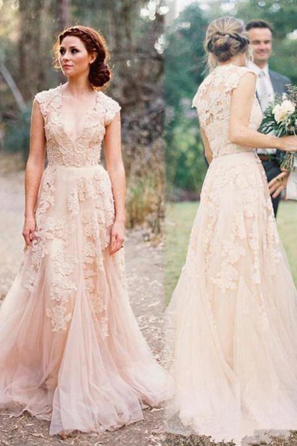 High Quality V-neck Sleeveless Floor-Length Wedding Dress with Lace (ZD16314) - VelvetHem