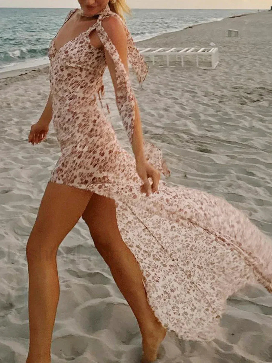 High-Slit Spaghetti Floral Dress