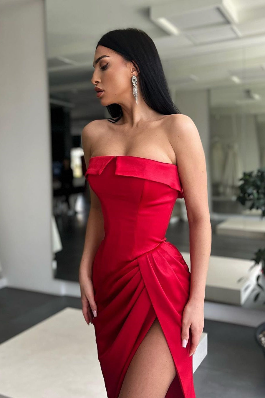 High Split Mermaid Strapless Floor-Length Sleeveless Open Back Prom Dress