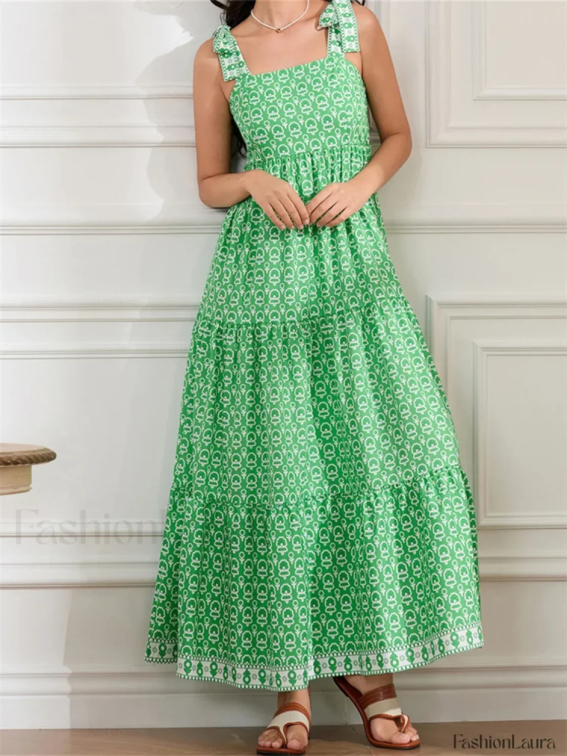 High Waist Tie Strap Print Maxi Dress