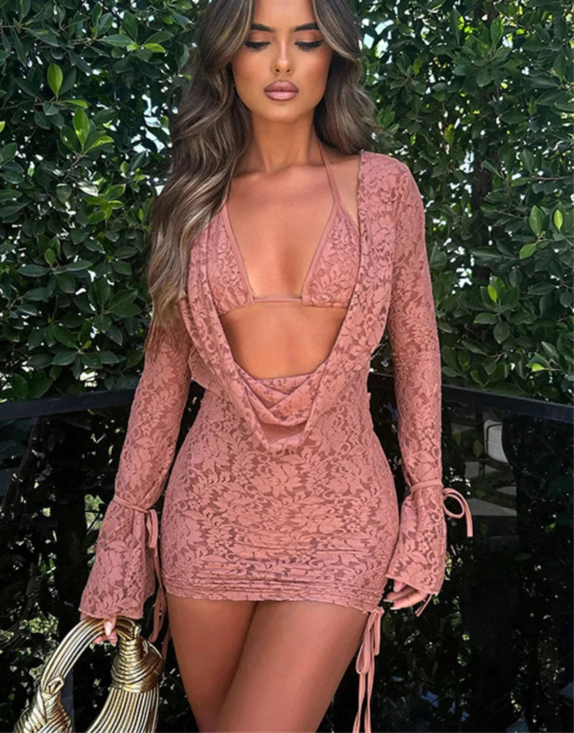 Hollow Long Sleeve Mini Dress Lotus root / S minidress-250223