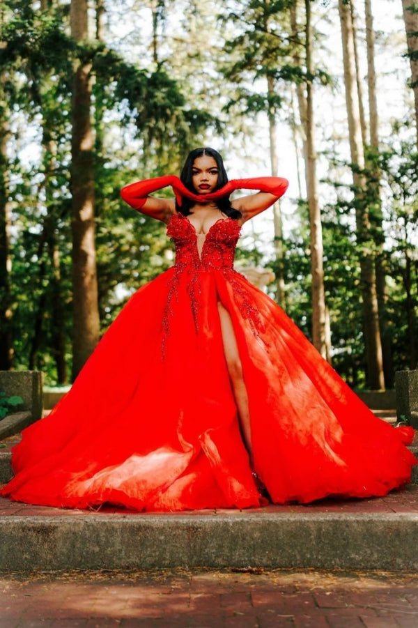 Hot Red Sweetheart Tulle Appliques V-Neck Puffy Ball Prom Dress