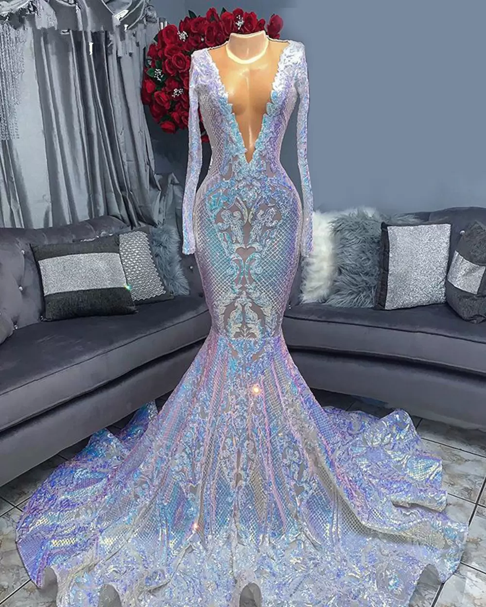 Hot Sparkle Sequin V-Neck Long sleeves Mermaid Prom Dresses
