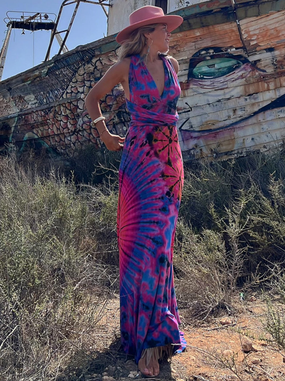 Tie dye Print V neck Cross Back Straps Stretch Maxi Dress