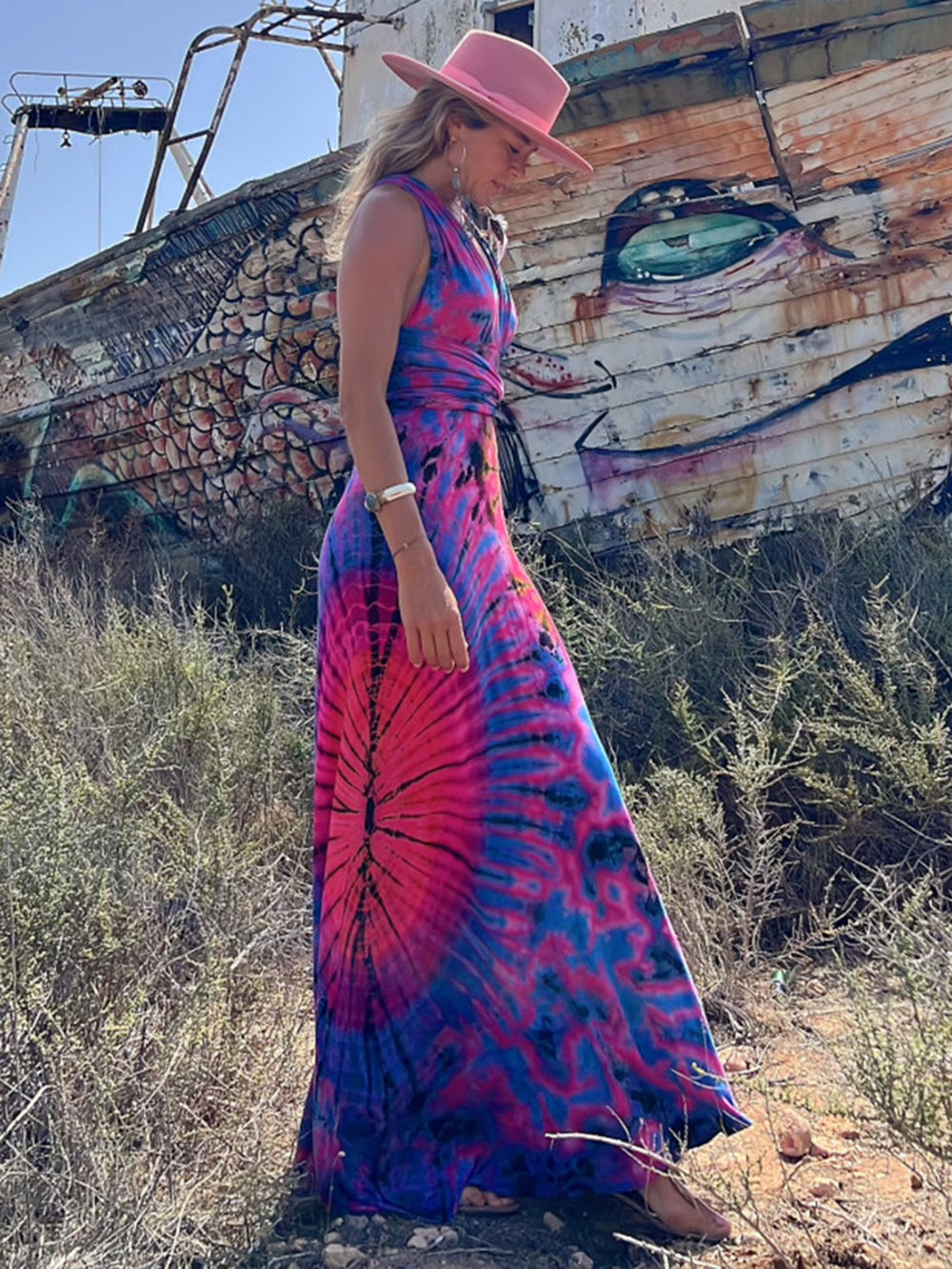 Tie dye Print V neck Cross Back Straps Stretch Maxi Dress