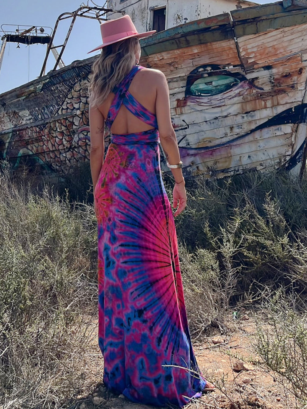 Tie dye Print V neck Cross Back Straps Stretch Maxi Dress