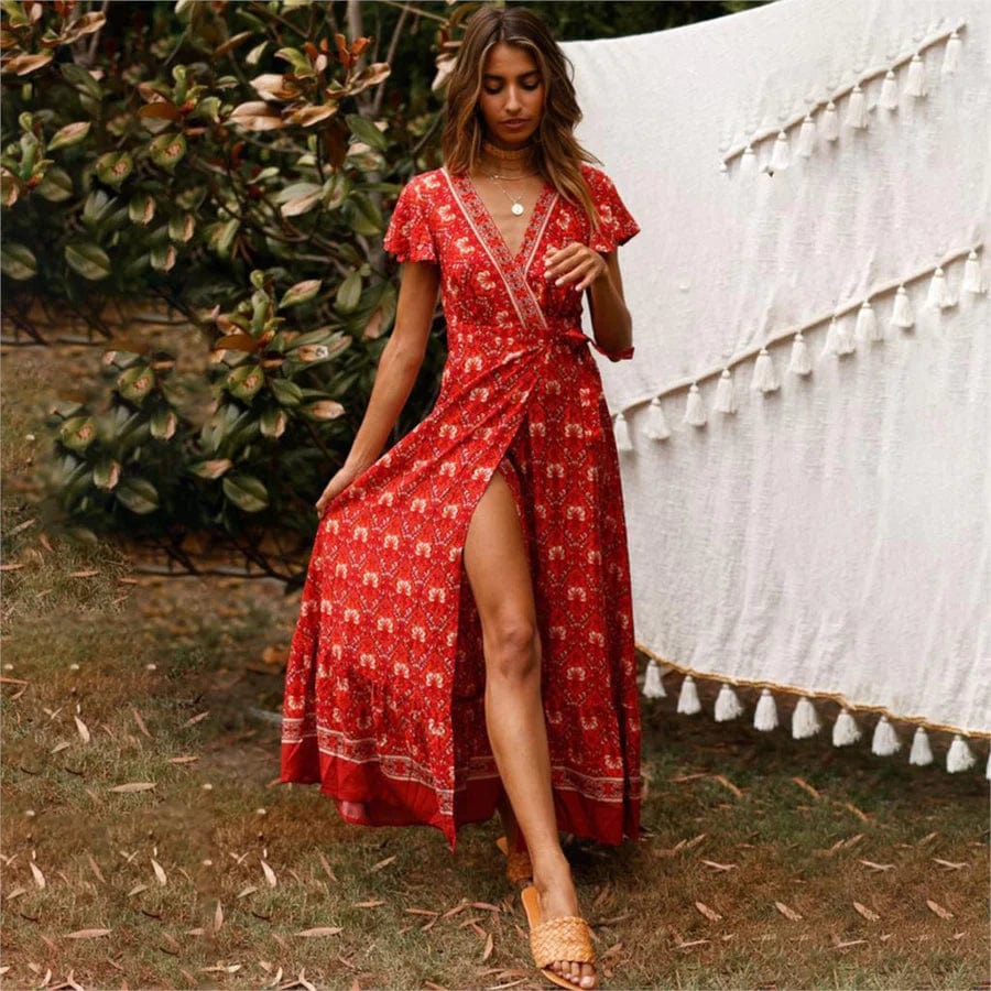 Vilma Effortless Red High Cut Maxi Dress Statement Occasion Edit