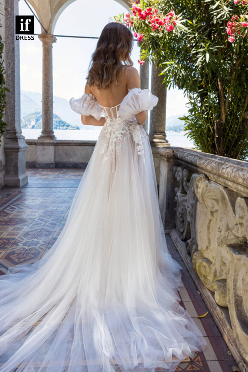 30524 - A-line Sweetheart Short Sleeves Lace Appliques Bohemian Wedding Dress