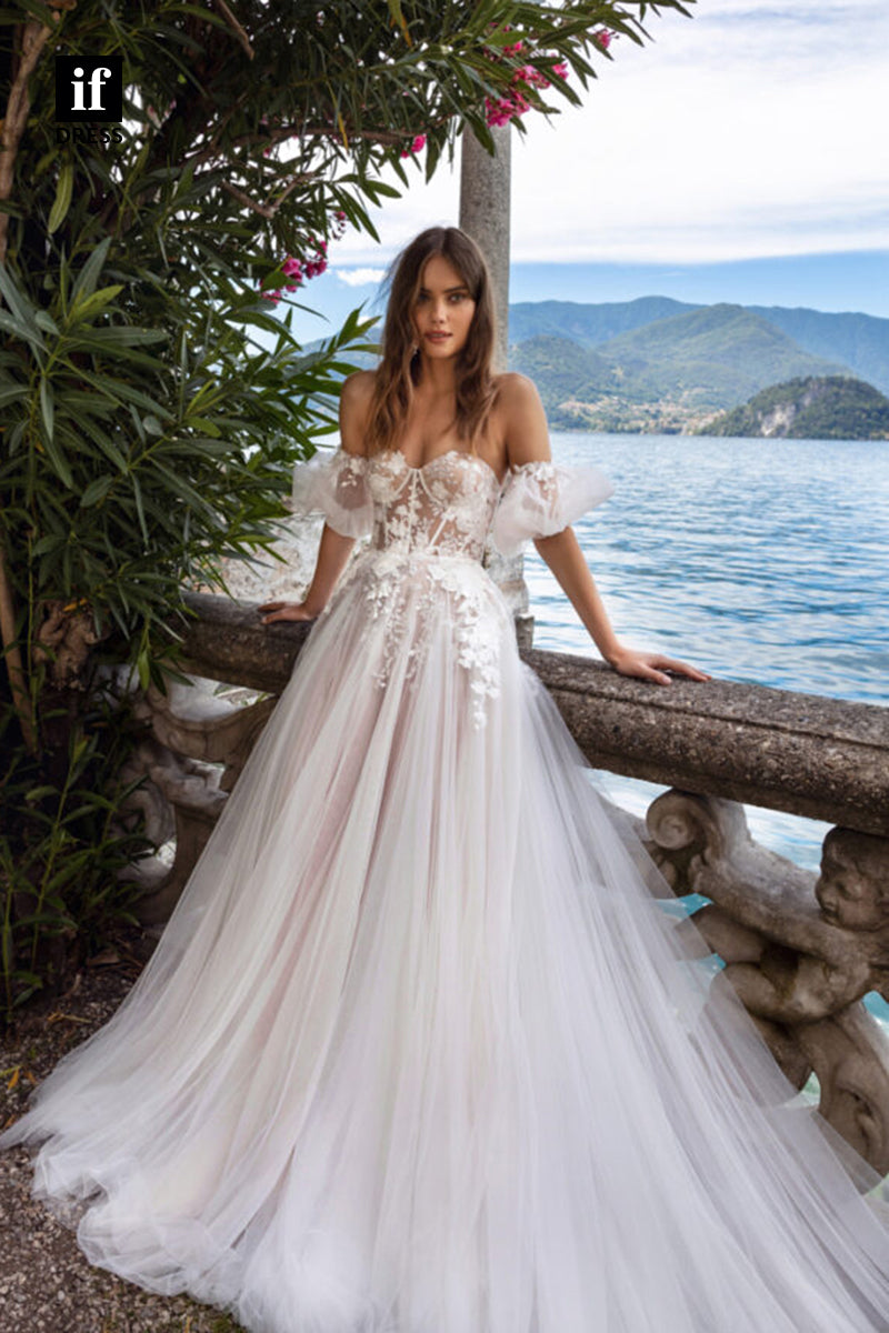 30524 - A-line Sweetheart Short Sleeves Lace Appliques Bohemian Wedding Dress