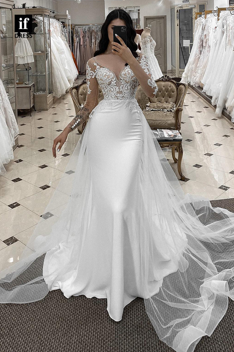 30529 - Sexy V-Neck Lace Appliques Mermaid Wedding Dress