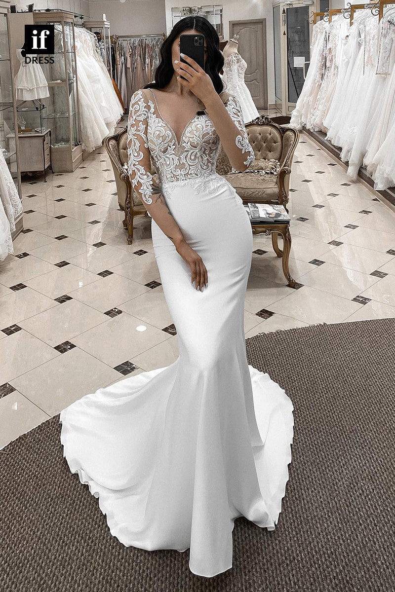 30529 - Sexy V-Neck Lace Appliques Mermaid Wedding Dress