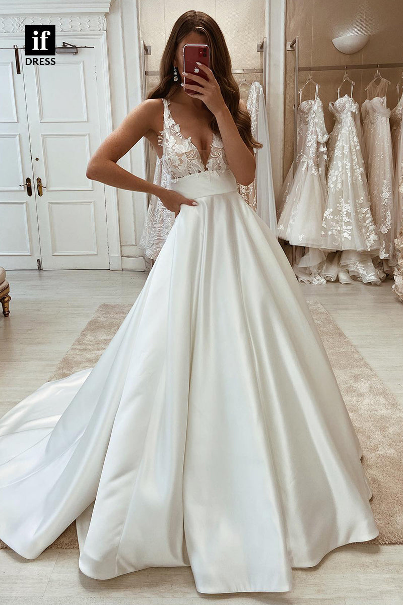 30535 - Plunging V-Neck Lace Appliques A-line Satin Siimple Rustic Wedding Dress
