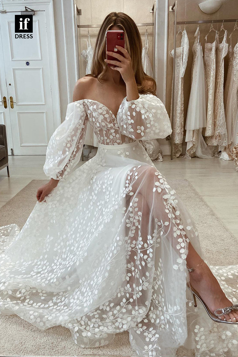 30537 - Allover Lace V-neck Long Sleeves Bohemian Wedding Dress