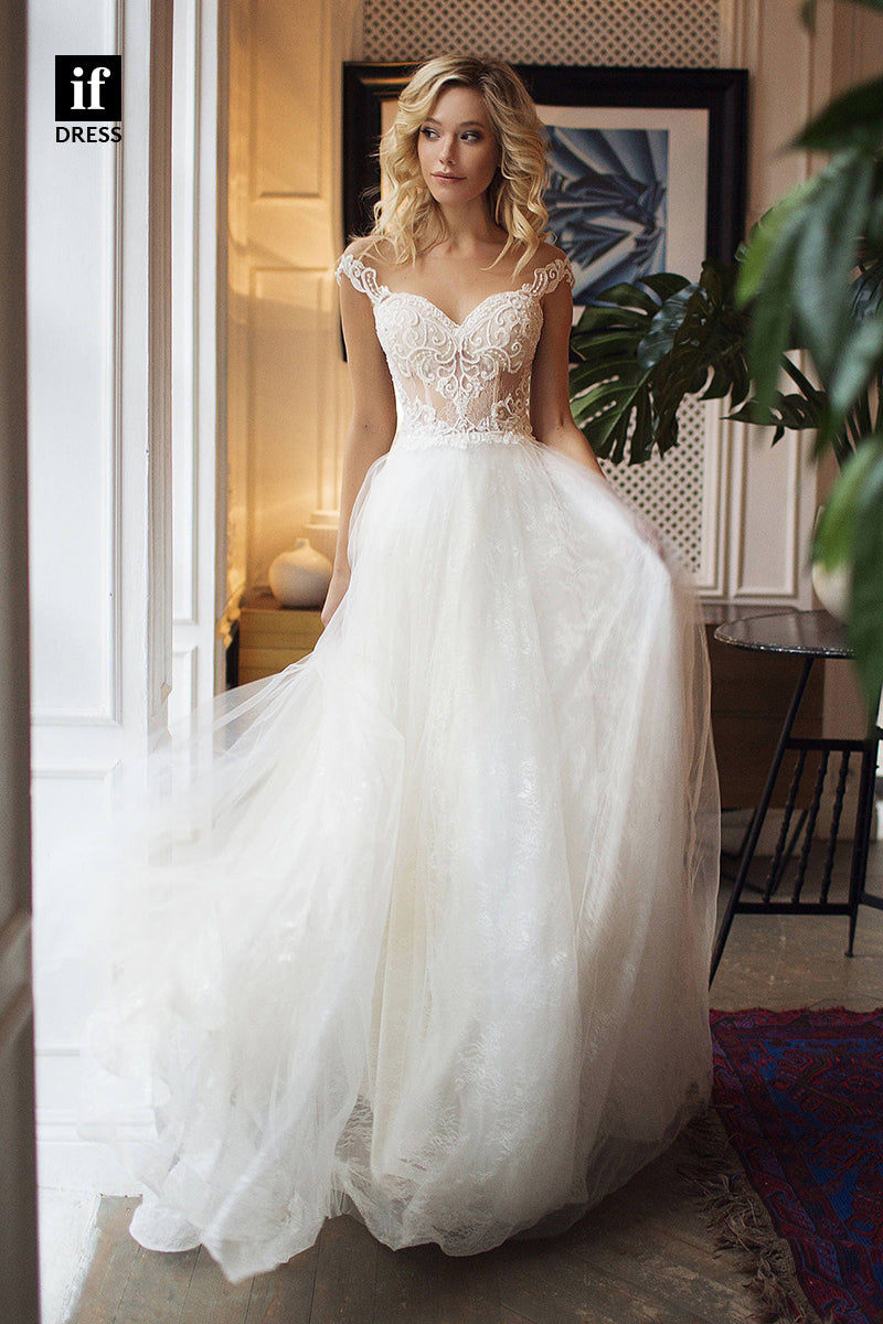 30541 - Illusion Neckline Lace Appliques Bohemain Wedding Dress Bridal Gown