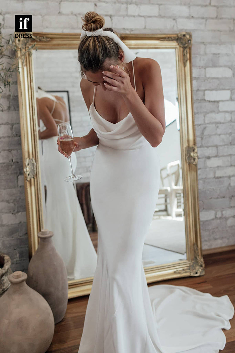 30543 - Spaghetti Straps Silk Simple Mermaid Bohemian Wedding Dress