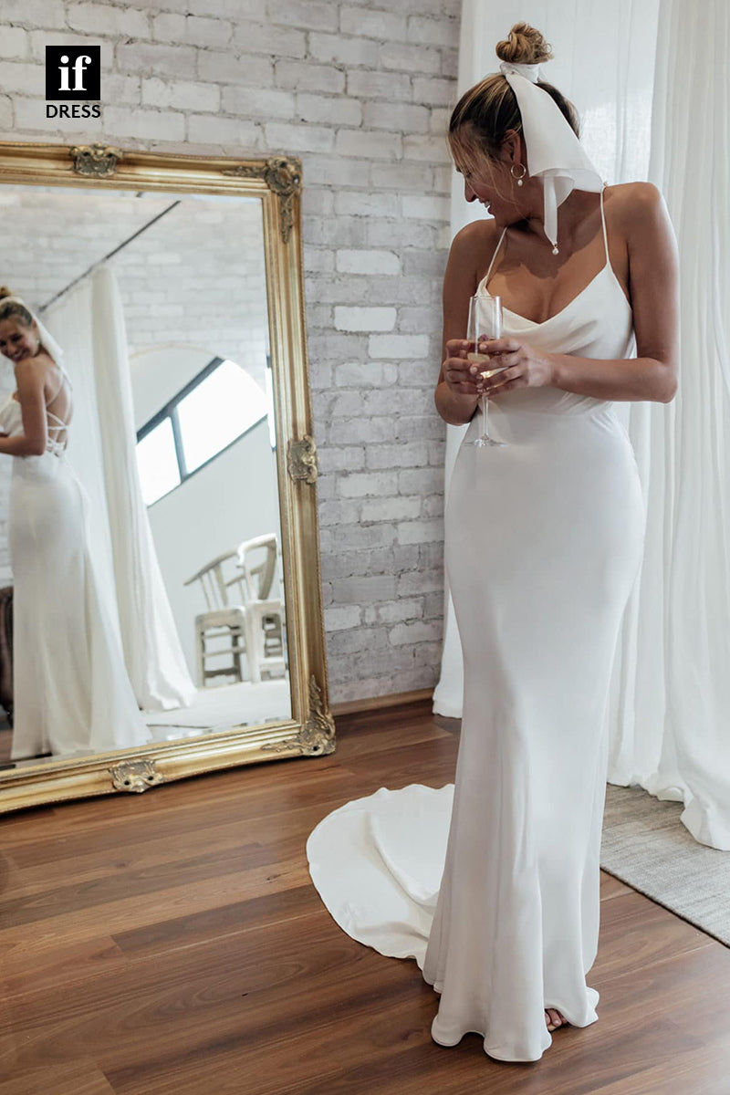 30543 - Spaghetti Straps Silk Simple Mermaid Bohemian Wedding Dress