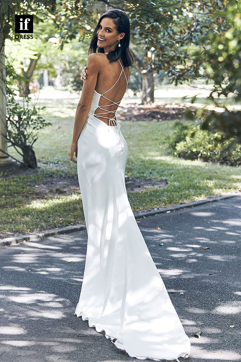 30543 - Spaghetti Straps Silk Simple Mermaid Bohemian Wedding Dress