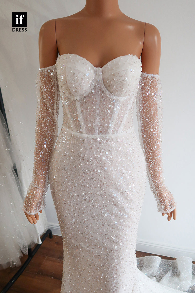 30549 - Off the Shoulder Long Sleeves Sheath Luxury Wedding Dress