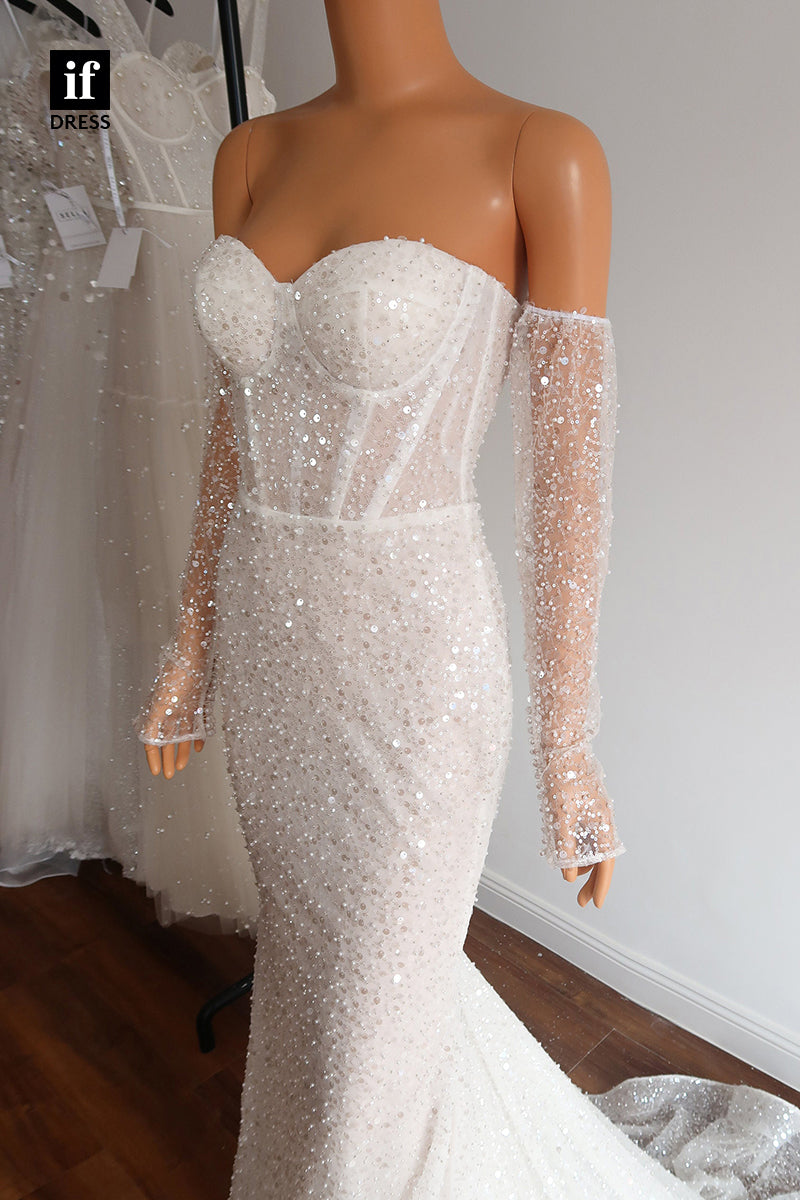 30549 - Off the Shoulder Long Sleeves Sheath Luxury Wedding Dress