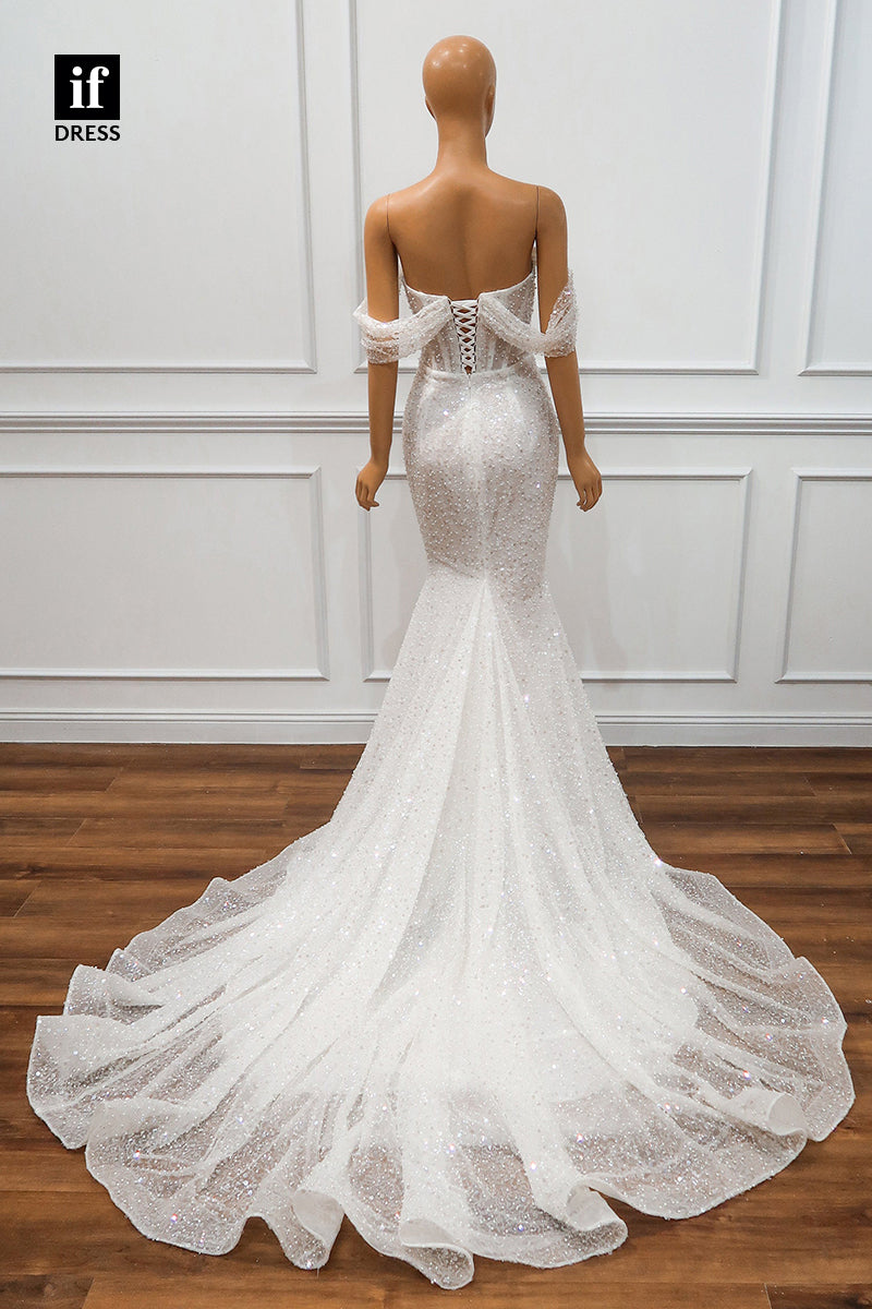 30549 - Off the Shoulder Long Sleeves Sheath Luxury Wedding Dress