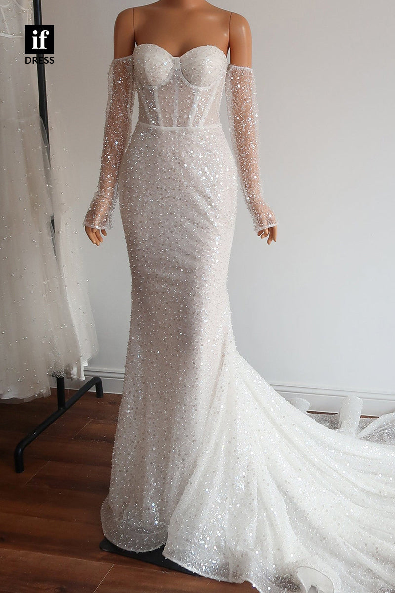 30549 - Off the Shoulder Long Sleeves Sheath Luxury Wedding Dress