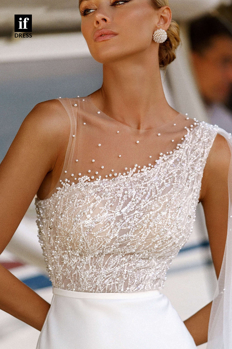 30552 - Generous One Shoulder Beads Sleeveless Column Wedding Dress