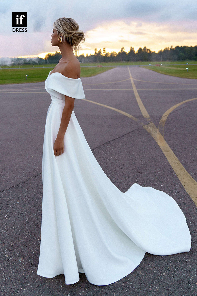 30560 - Off the Shoulder Pleats Satin Detachable Train Wedding Dress