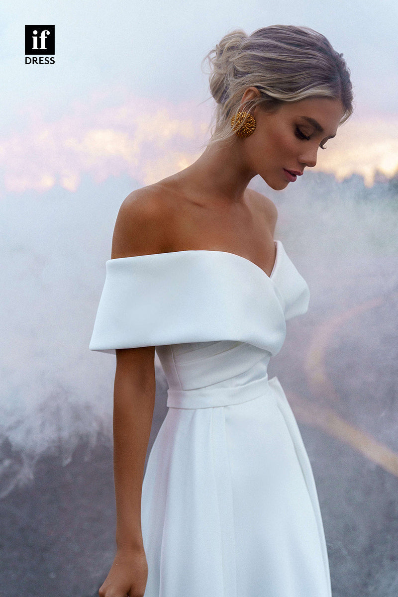 30560 - Off the Shoulder Pleats Satin Detachable Train Wedding Dress