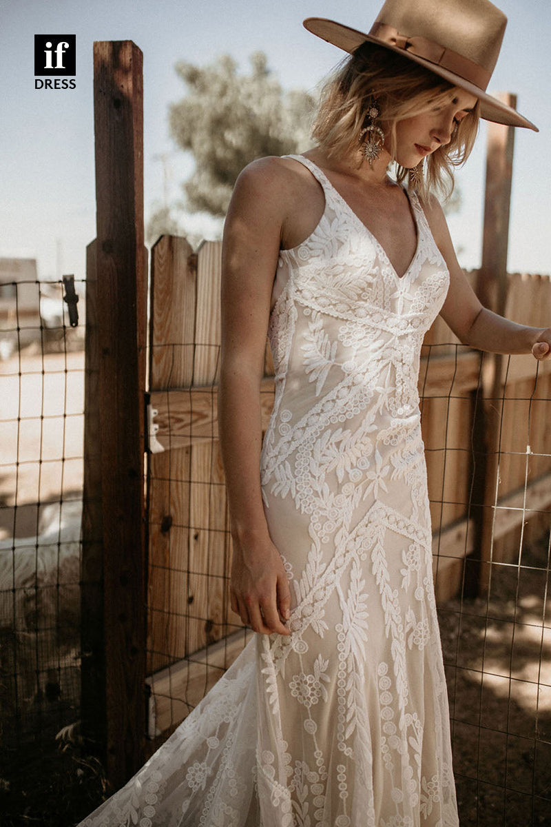 30562 - Sexy V-Neck Illusion Lace Wedding Dress Bohemain Wedding Gown