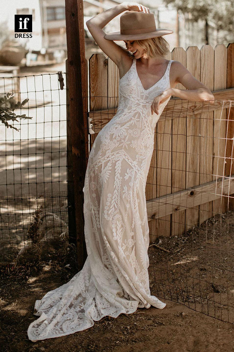 30562 - Sexy V-Neck Illusion Lace Wedding Dress Bohemain Wedding Gown