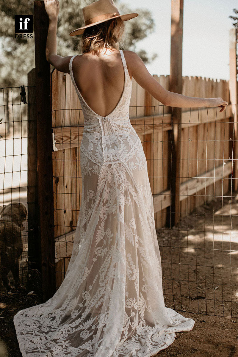 30562 - Sexy V-Neck Illusion Lace Wedding Dress Bohemain Wedding Gown