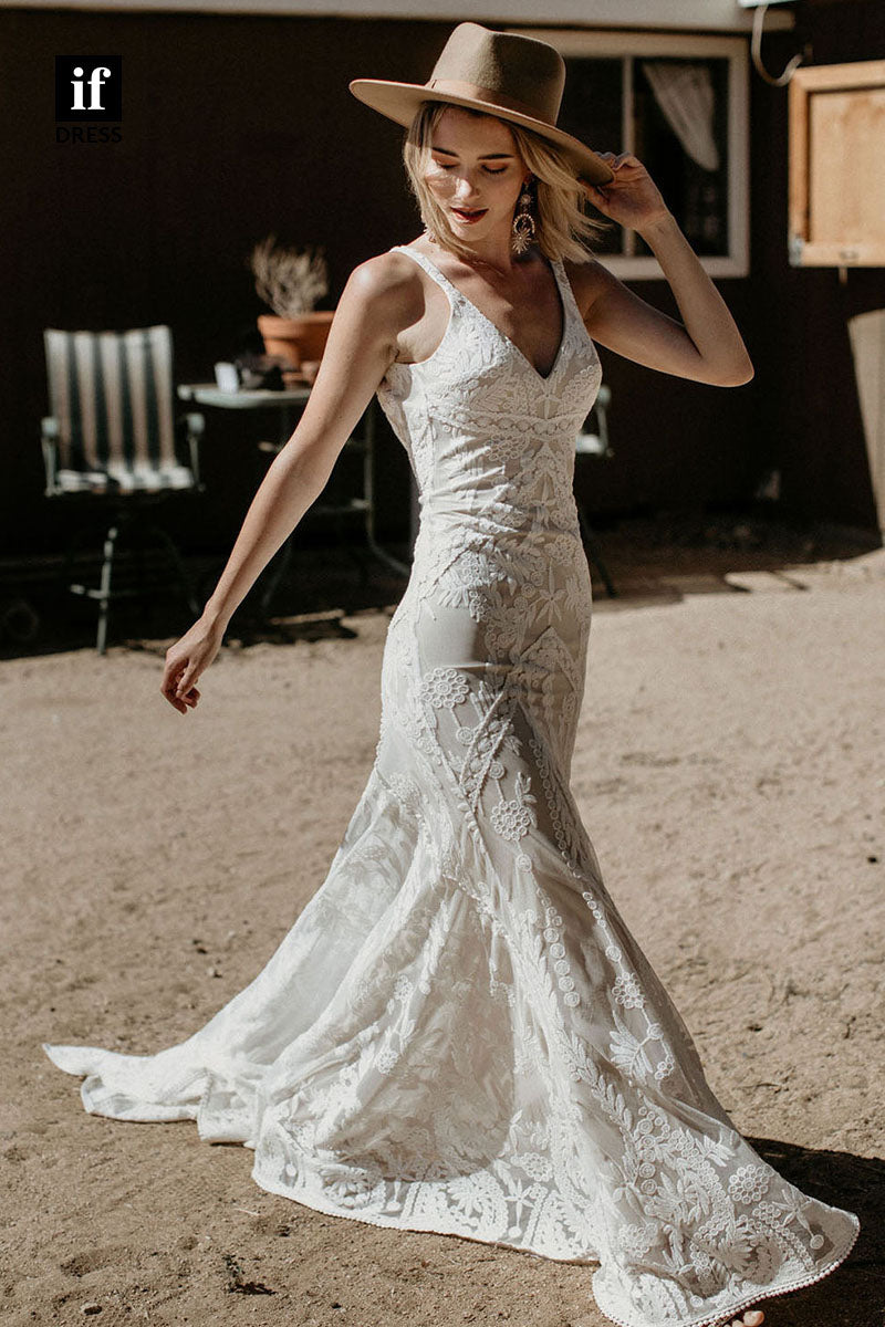 30562 - Sexy V-Neck Illusion Lace Wedding Dress Bohemain Wedding Gown