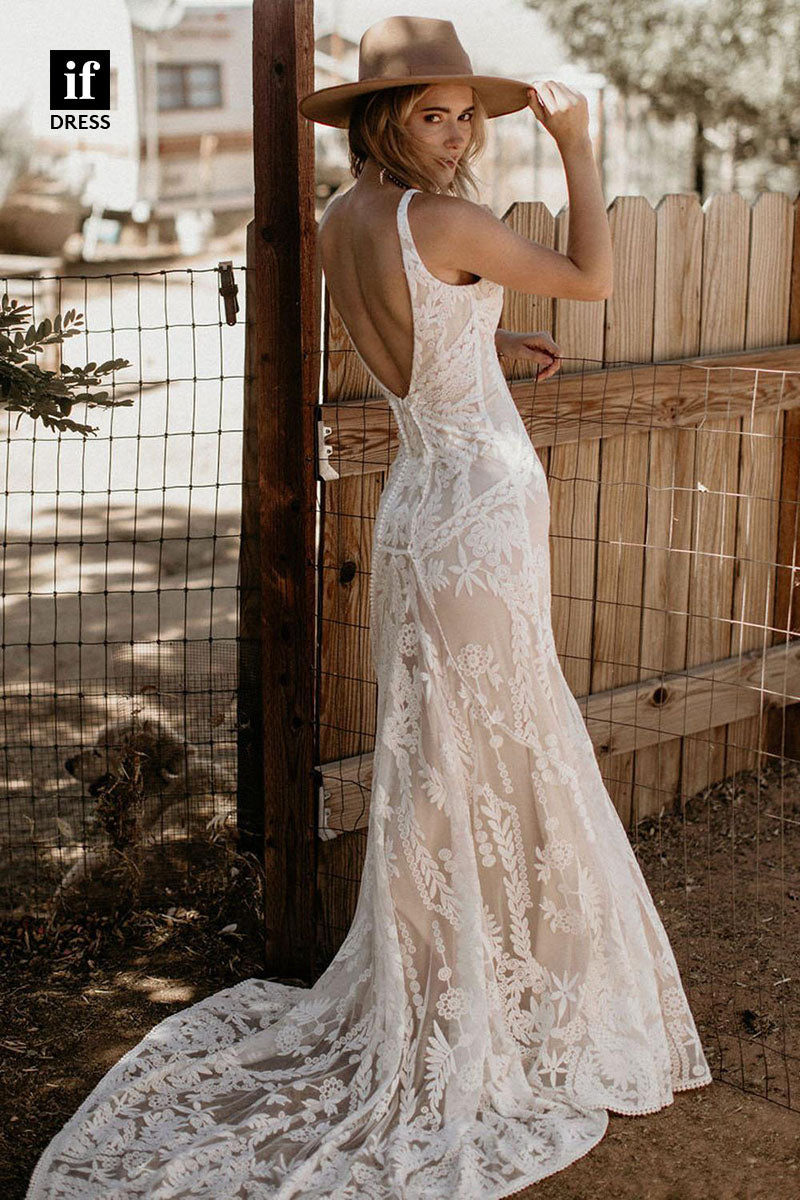 30562 - Sexy V-Neck Illusion Lace Wedding Dress Bohemain Wedding Gown