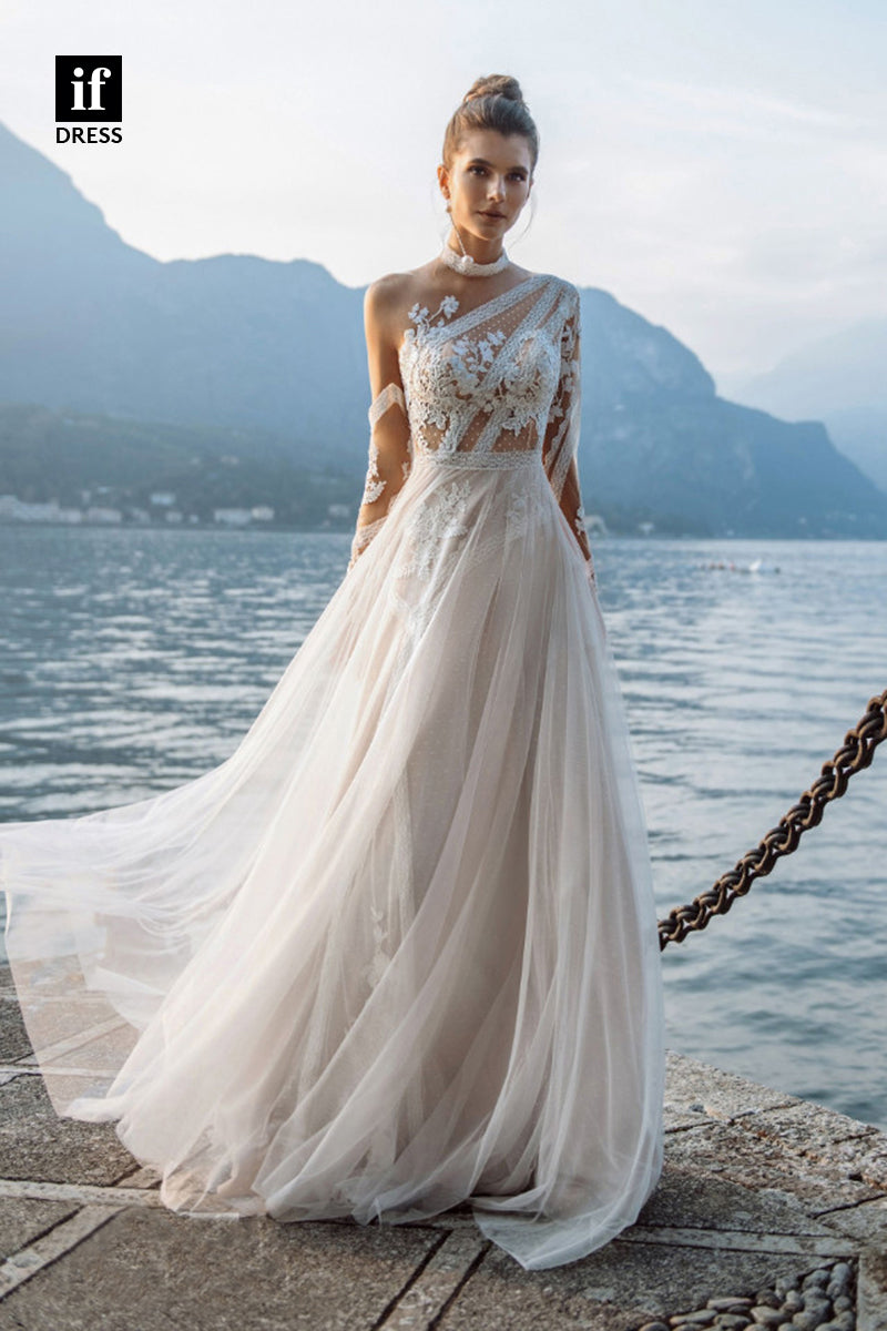 30563 - Illusion Neckline Lace Appliques Long Sleeves Bohemain Wedding Dress