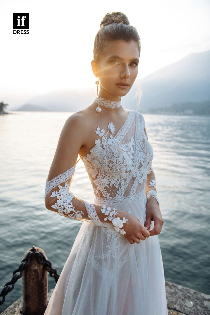 30563 - Illusion Neckline Lace Appliques Long Sleeves Bohemain Wedding Dress