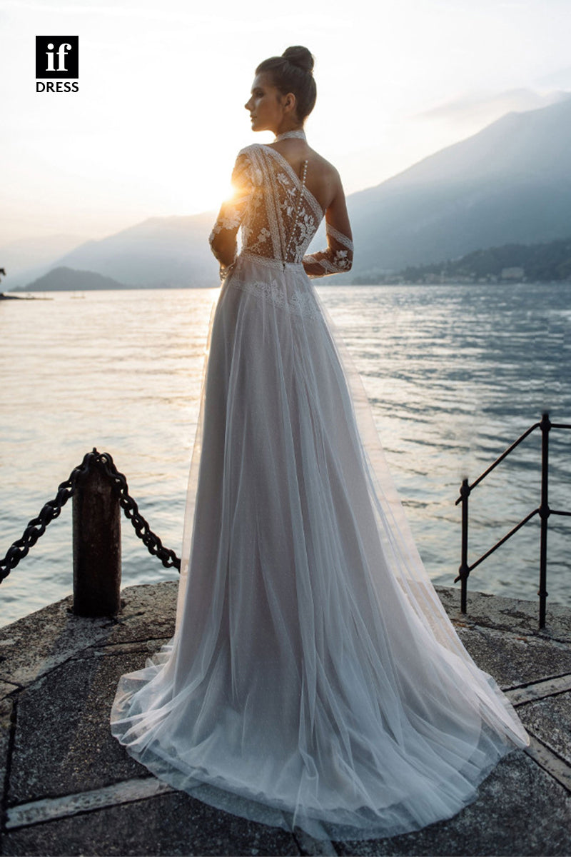 30563 - Illusion Neckline Lace Appliques Long Sleeves Bohemain Wedding Dress